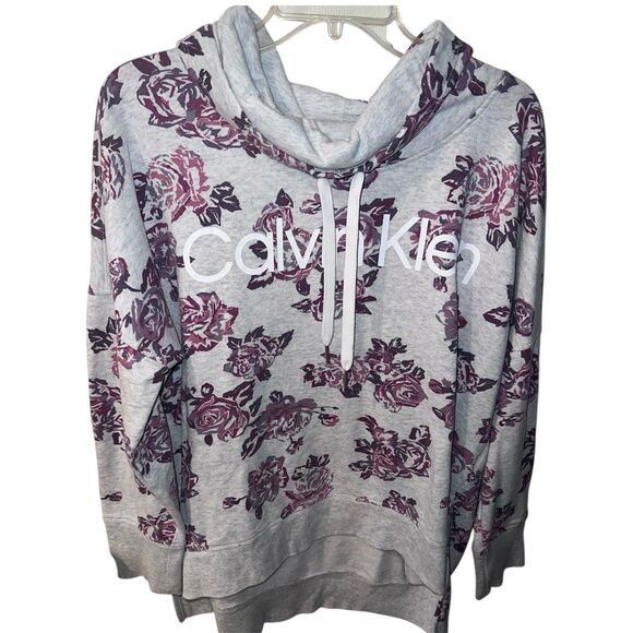Calvin Klein Sweatshirt Womens XL Gray Cowl Neck Logo Floral AOP Roses - Picture 1 of 8